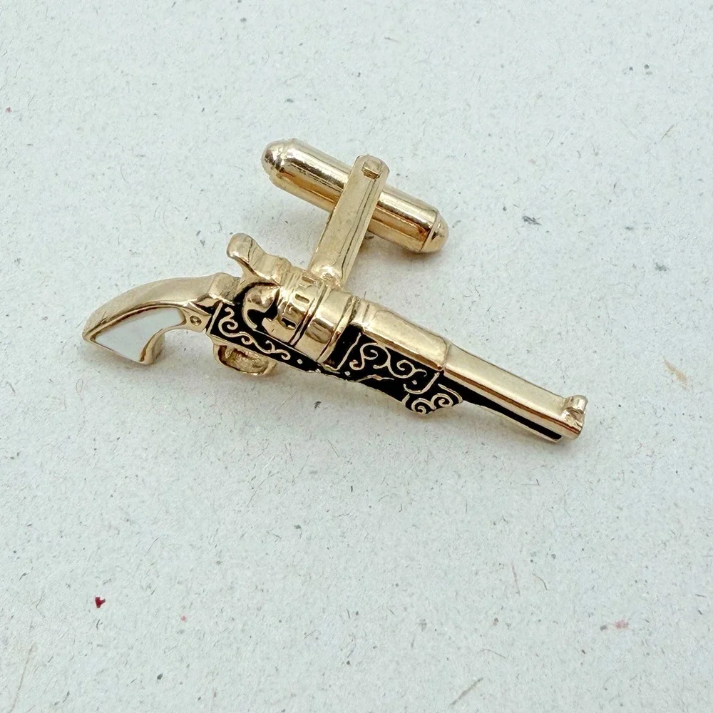 Vintage Revolver Gun Cufflinks Gold Tone Mother of Pearl Accent Cowboy Western